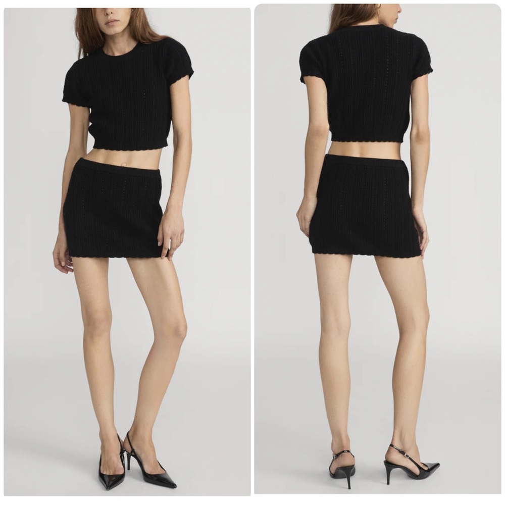 FRAME Set Sz S P The Getaway 100% Cashmere Knit Crop Top and Mini Skirt Black